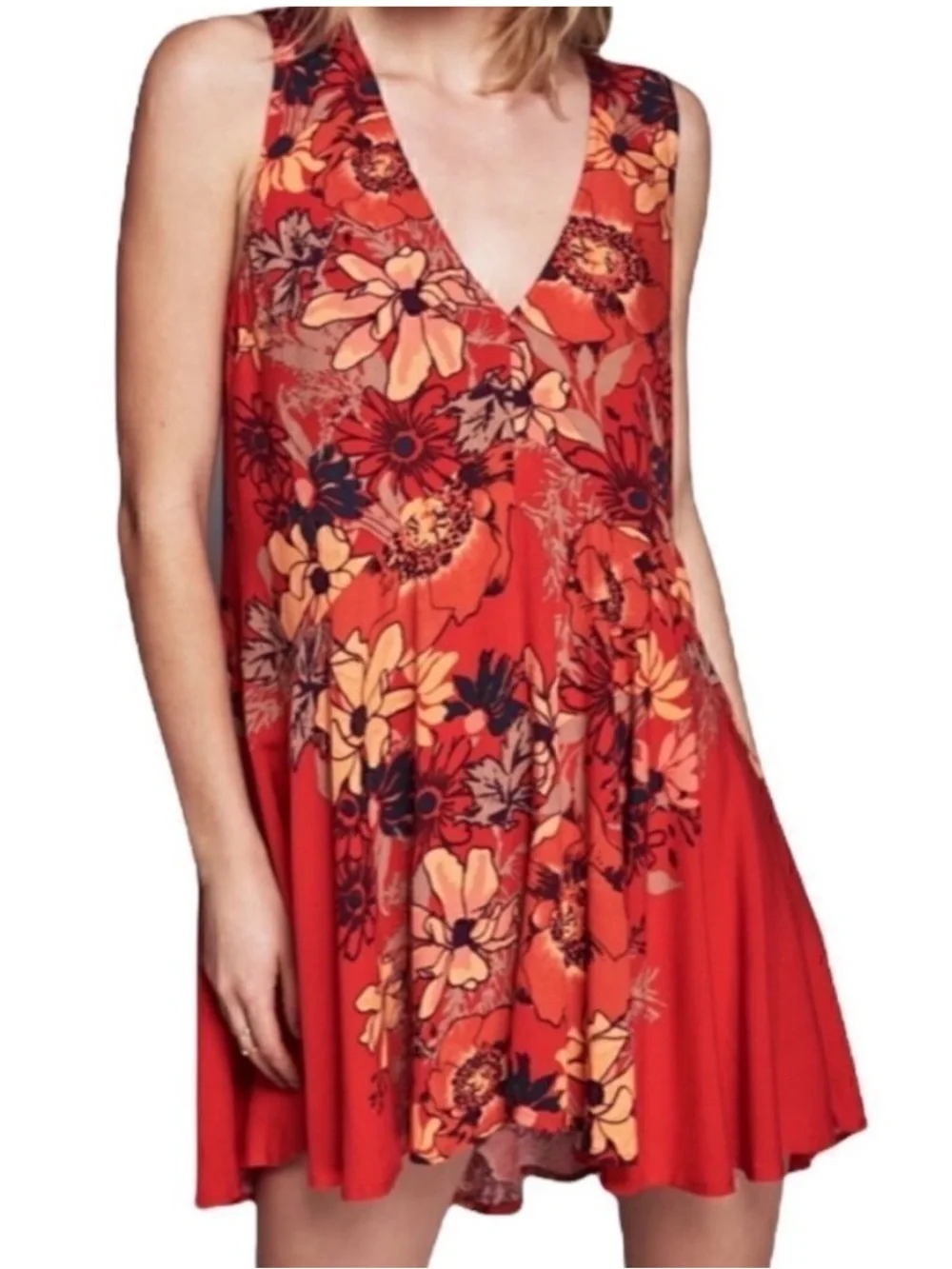 Free People Backyard Party Red Floral Tunic Swing Dress